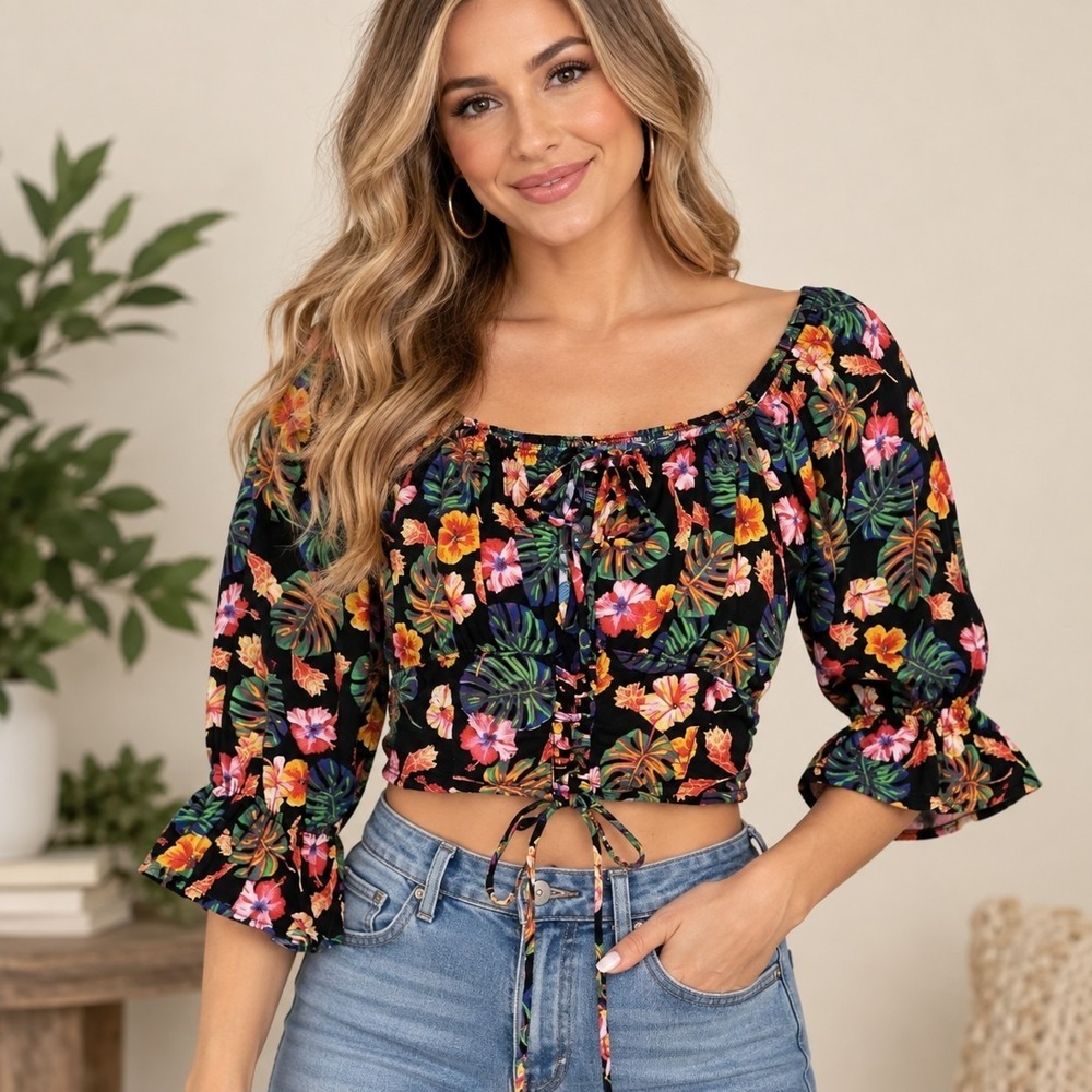Audrey Lane Floral Peasant Crop Top Women's Small Coquette Milkmaid Festival